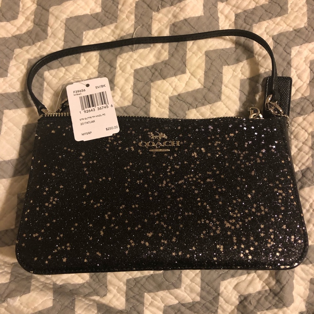 BNWT Coach Black Star Glittwr top zip small clutch